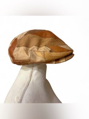 Vintage Leather Patchwork Newsboy Gatsby Cabbie Hat Brown Tan